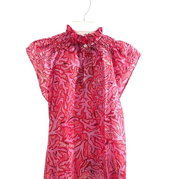 CHUFY Pink High Neck Cotton Silk Blouse Cottagecore Floral Spring Luxury XS - Picture 6 of 10